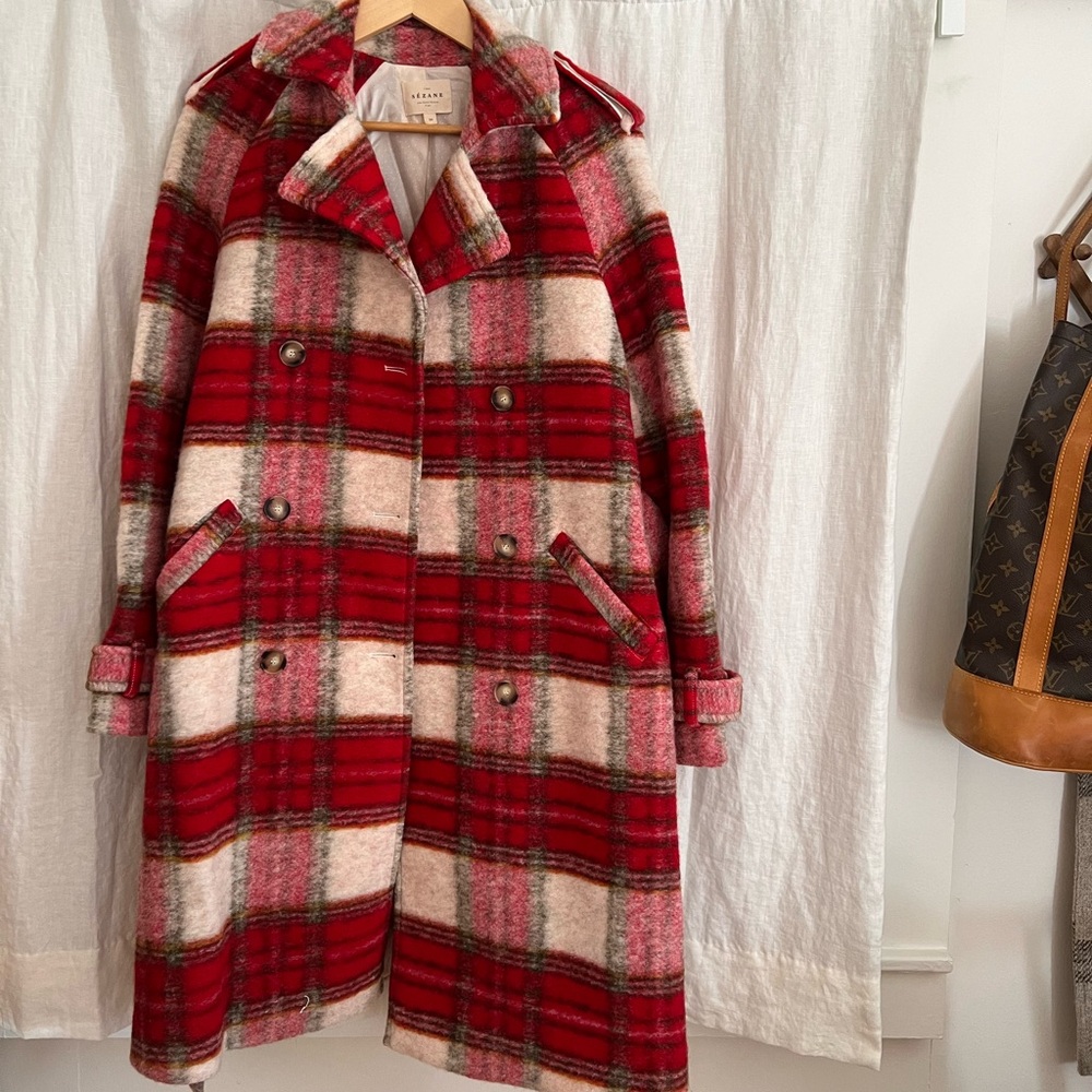 Sezane wool trench coat in plaid size 2 NWT
